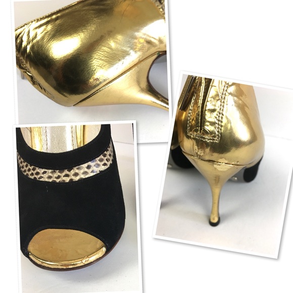 NWT Dolce & Gabbana Gold/Black Leather and Suede Peep Toe Pump Sz 36. 5 (US 6.5) - Picture 13 of 14